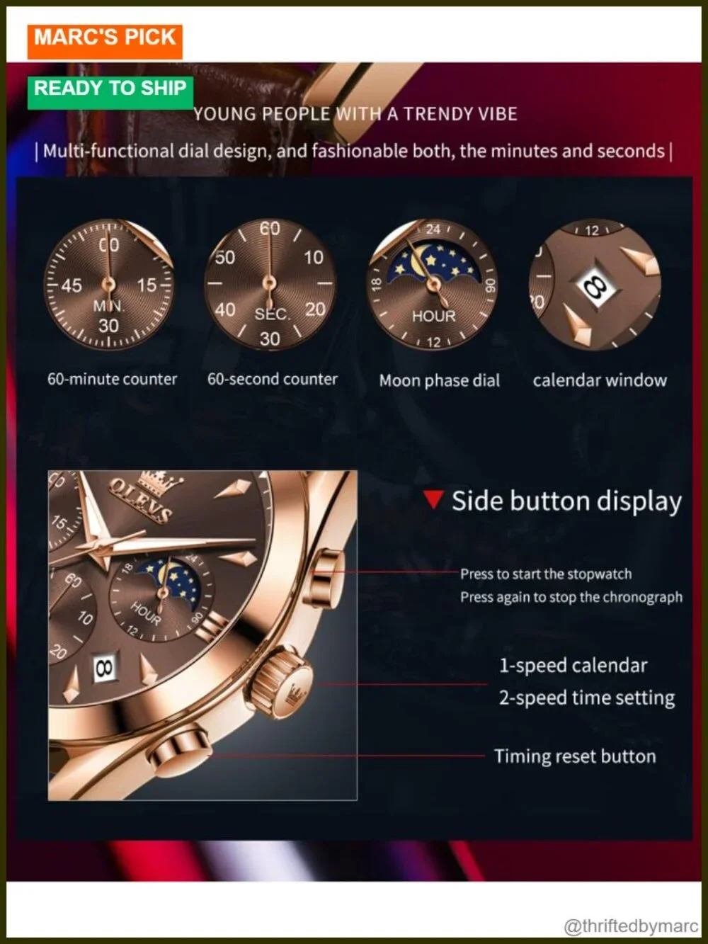 Men's Leather Analog Quartz Chronograph Wristwatch with Date Luminous Dress